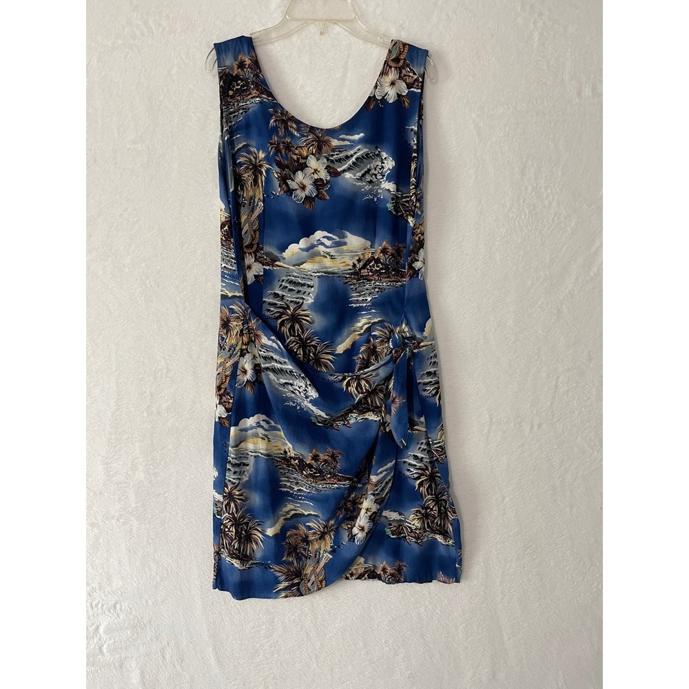 Hawaiian Originals Dress Blue Tropical Palm Print Side Tie Womens Lg Resort
